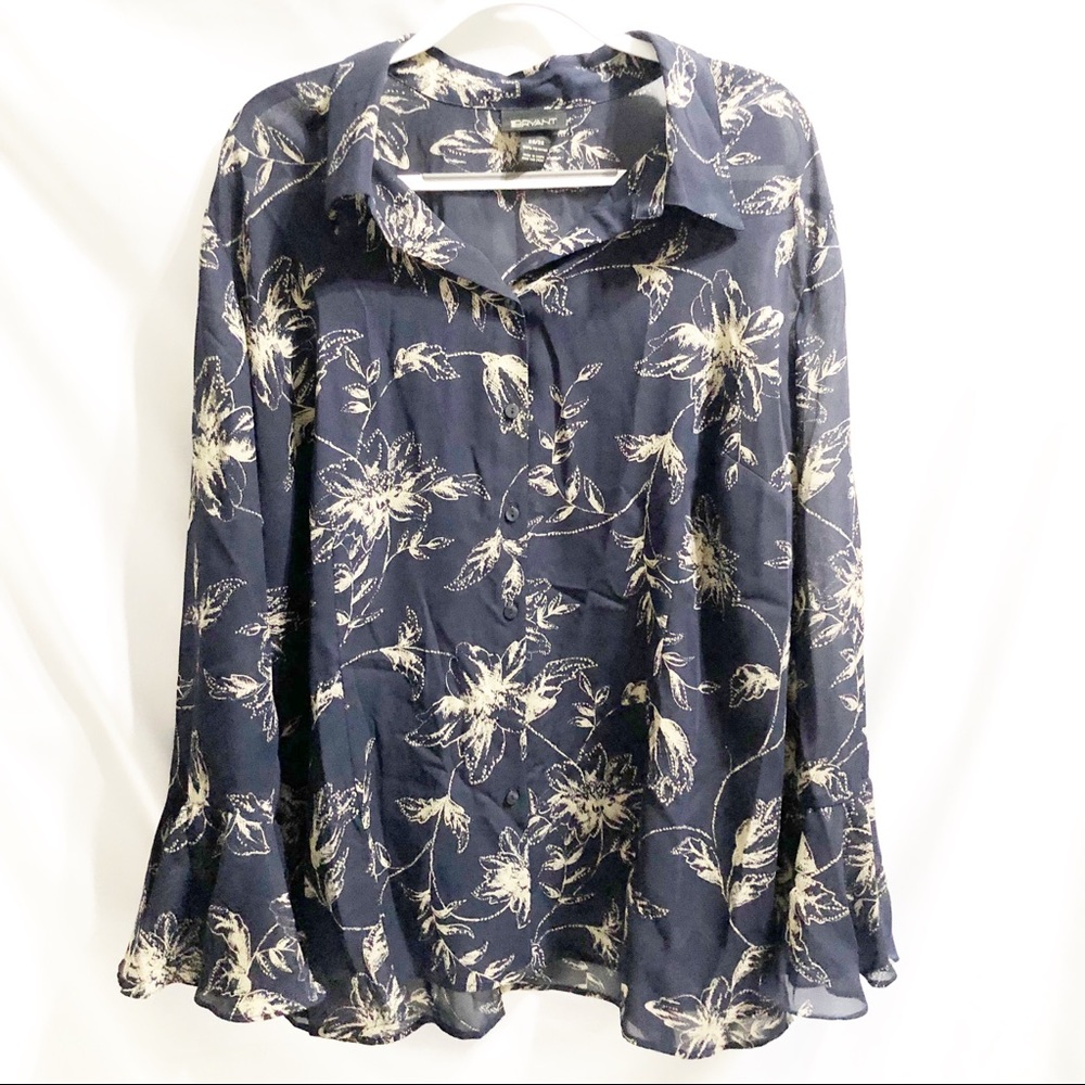 Lane Bryant Navy Floral Button Up Blouse
